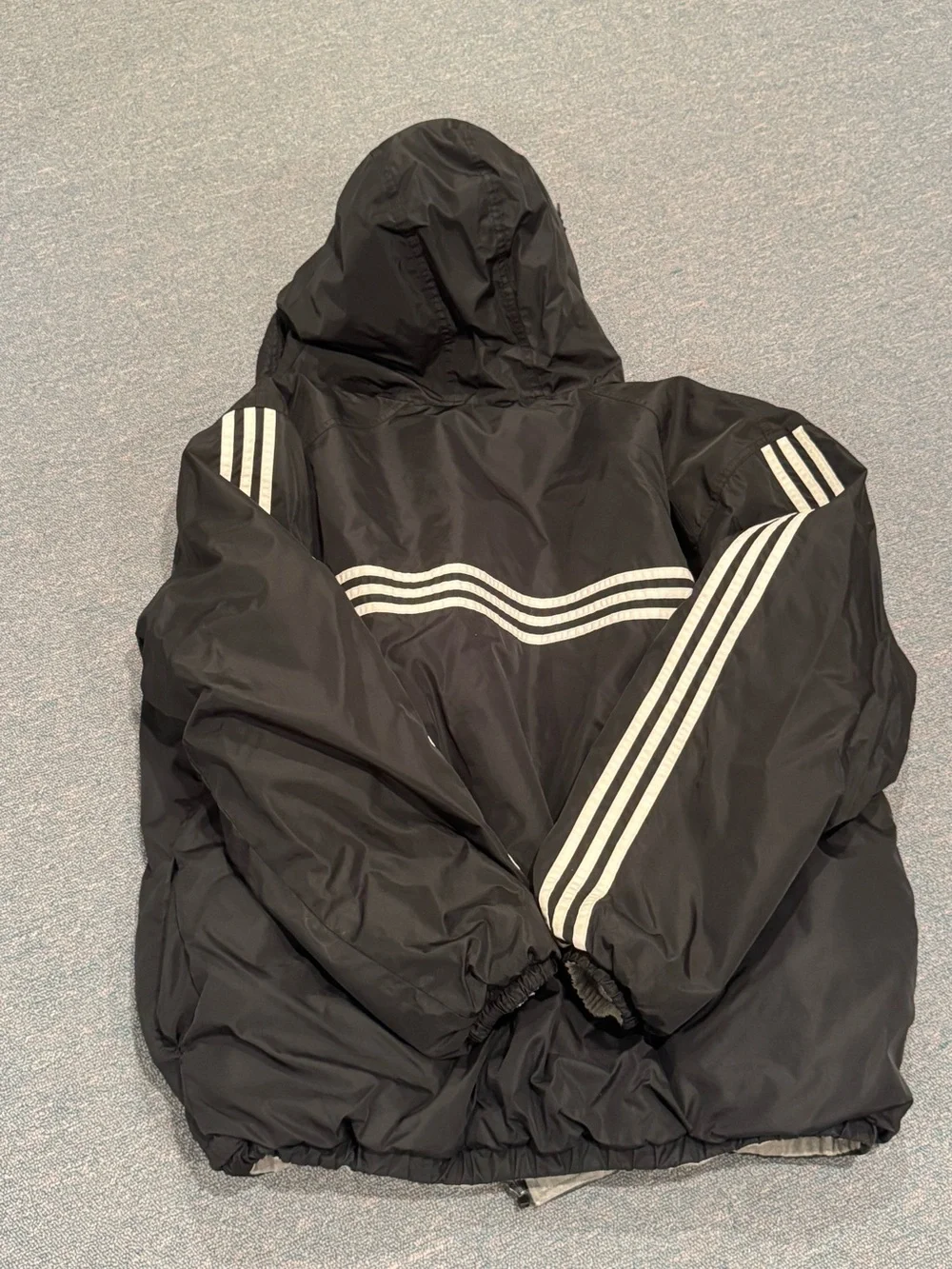 Vintage Adidas Black Hooded Reversible Hooded Puffer Jacket with White Stripe